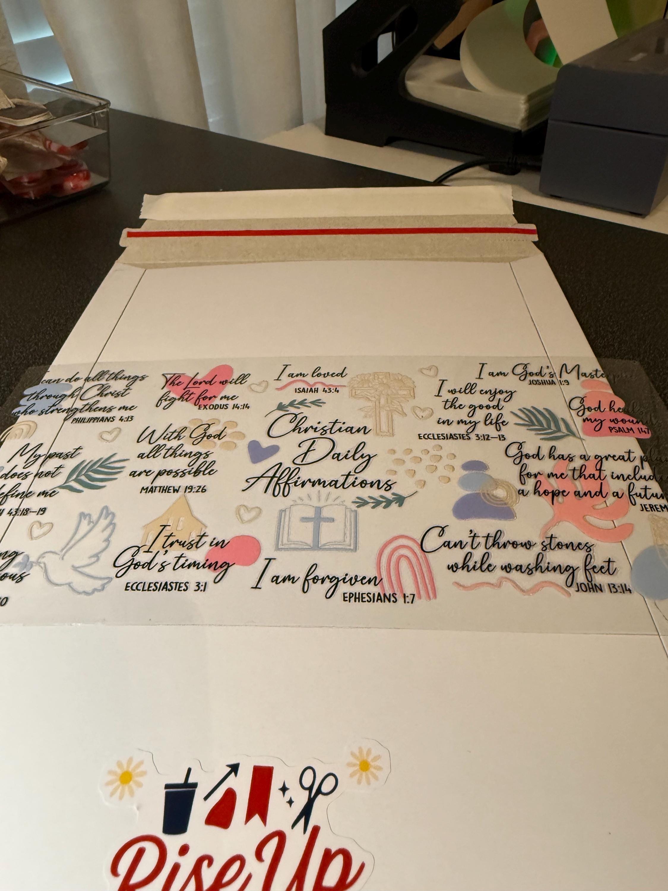 Christian Daily Affirmations UVDTF Wrap – 16oz Glass Cup Wrap – Bible Verse Decal – Faith Scripture Cup Wrap – Inspirational Wrap