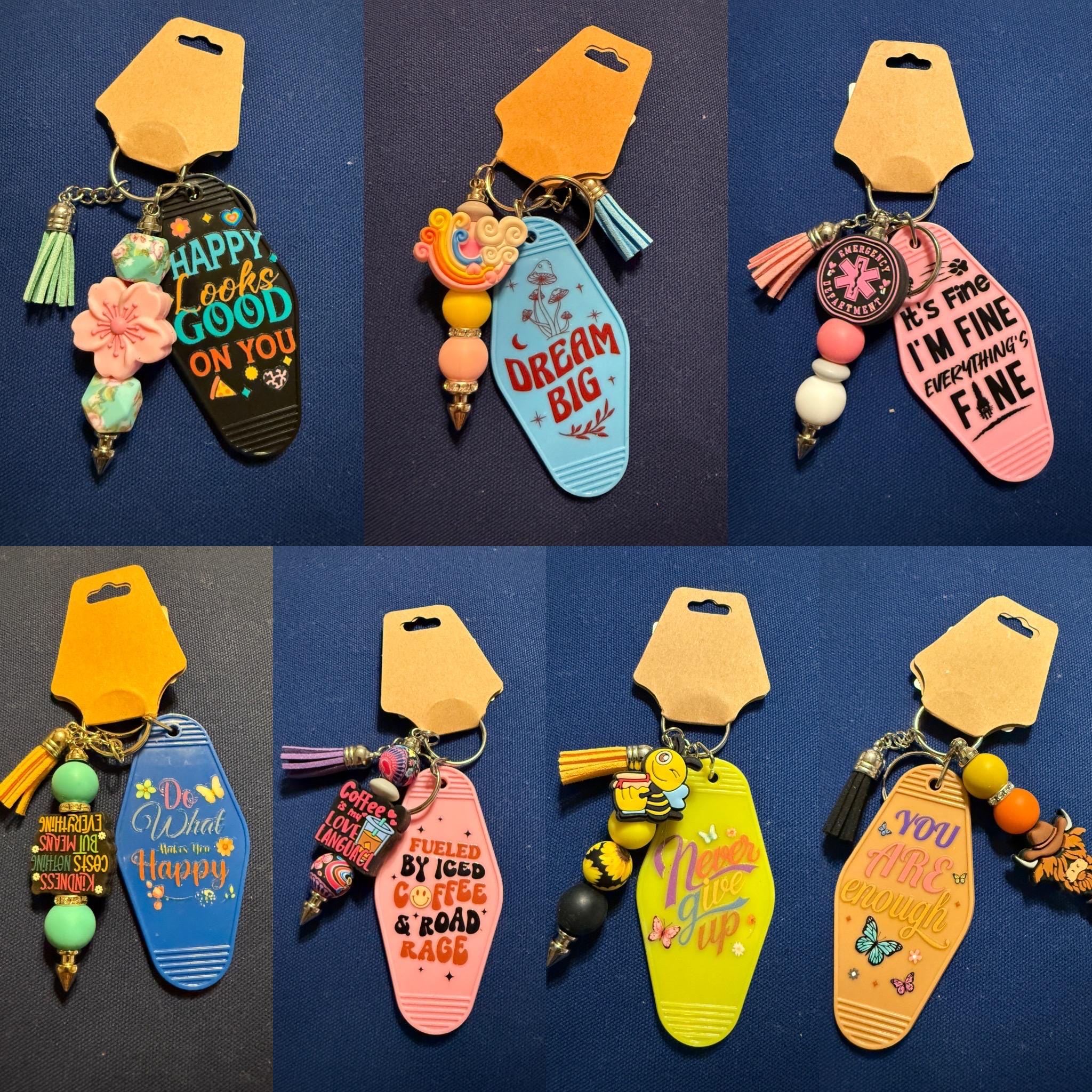 Beaded Motel Keychain | Chunky Tassel Keyring with Quote Tag