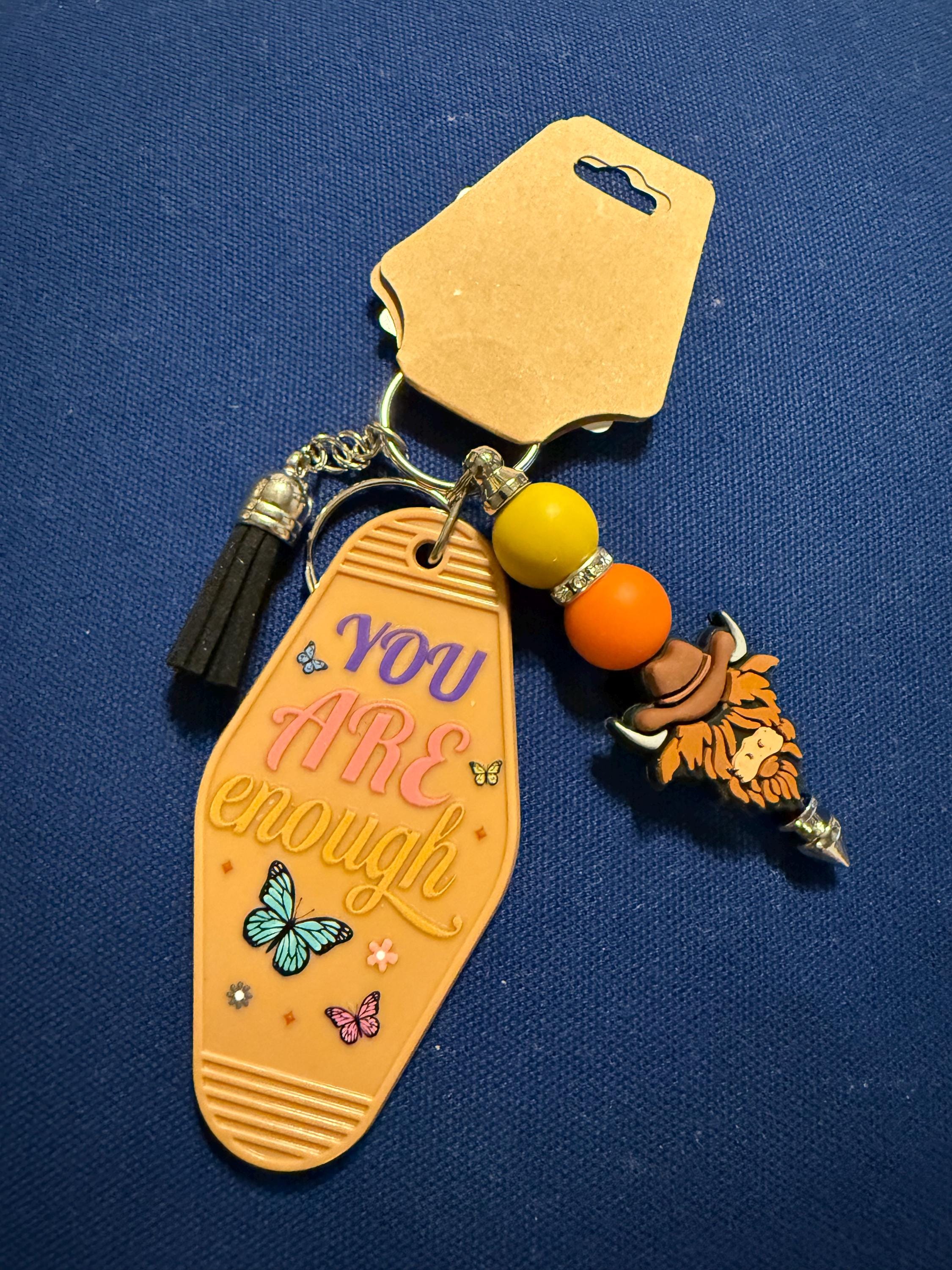 Beaded Motel Keychain | Chunky Tassel Keyring with Quote Tag