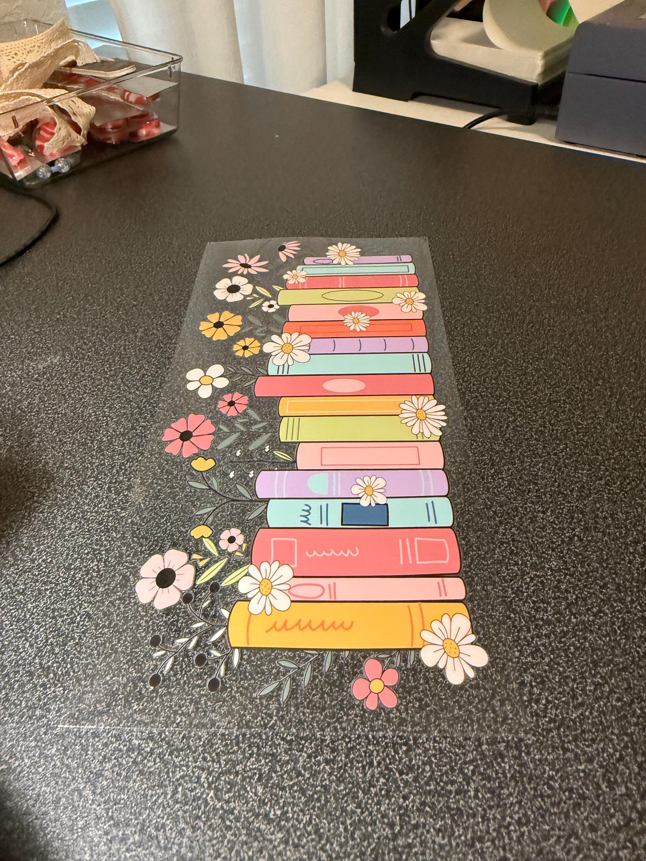 Book Stack Floral UVDTF Wrap – 16oz Glass Cup Wrap – Spring Book Lover Cup Decal – Daisy Tumbler Wrap – Aesthetic UVDTF Transfer