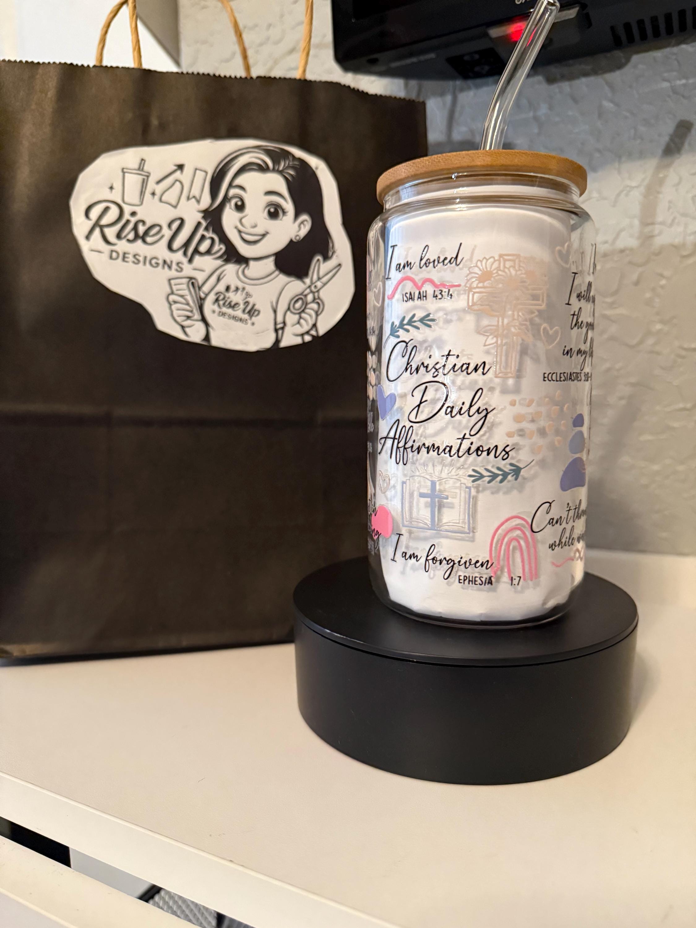 Christian Affirmation Glass Tumbler | 16 oz Bible Verse Cup with Lid & Straw | Inspirational Scripture Gift | Faith-Based Drinkware