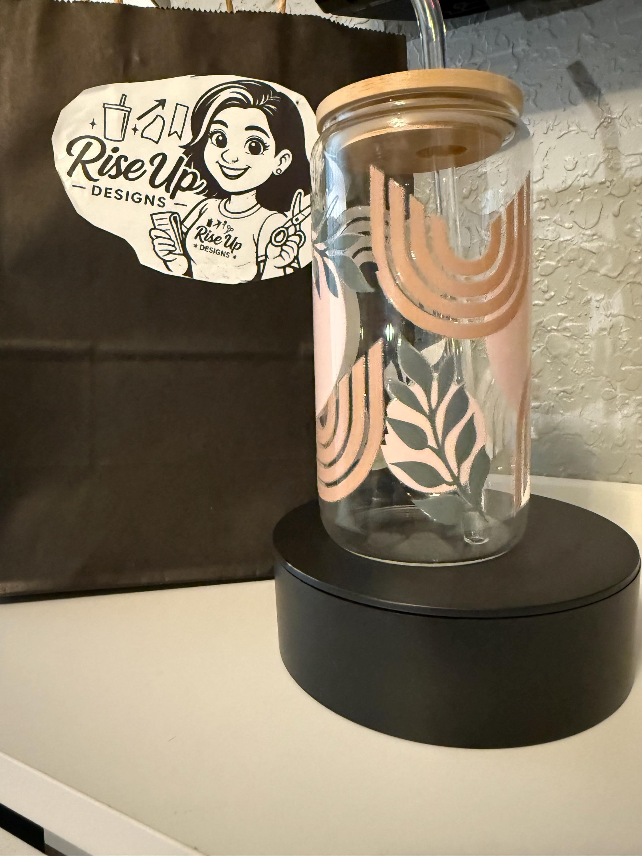 Boho Rainbow Glass Tumbler | 16 oz Iced Coffee Cup with Bamboo Lid and Straw | Minimalist Neutral Aesthetic | Leaf & Arch Design