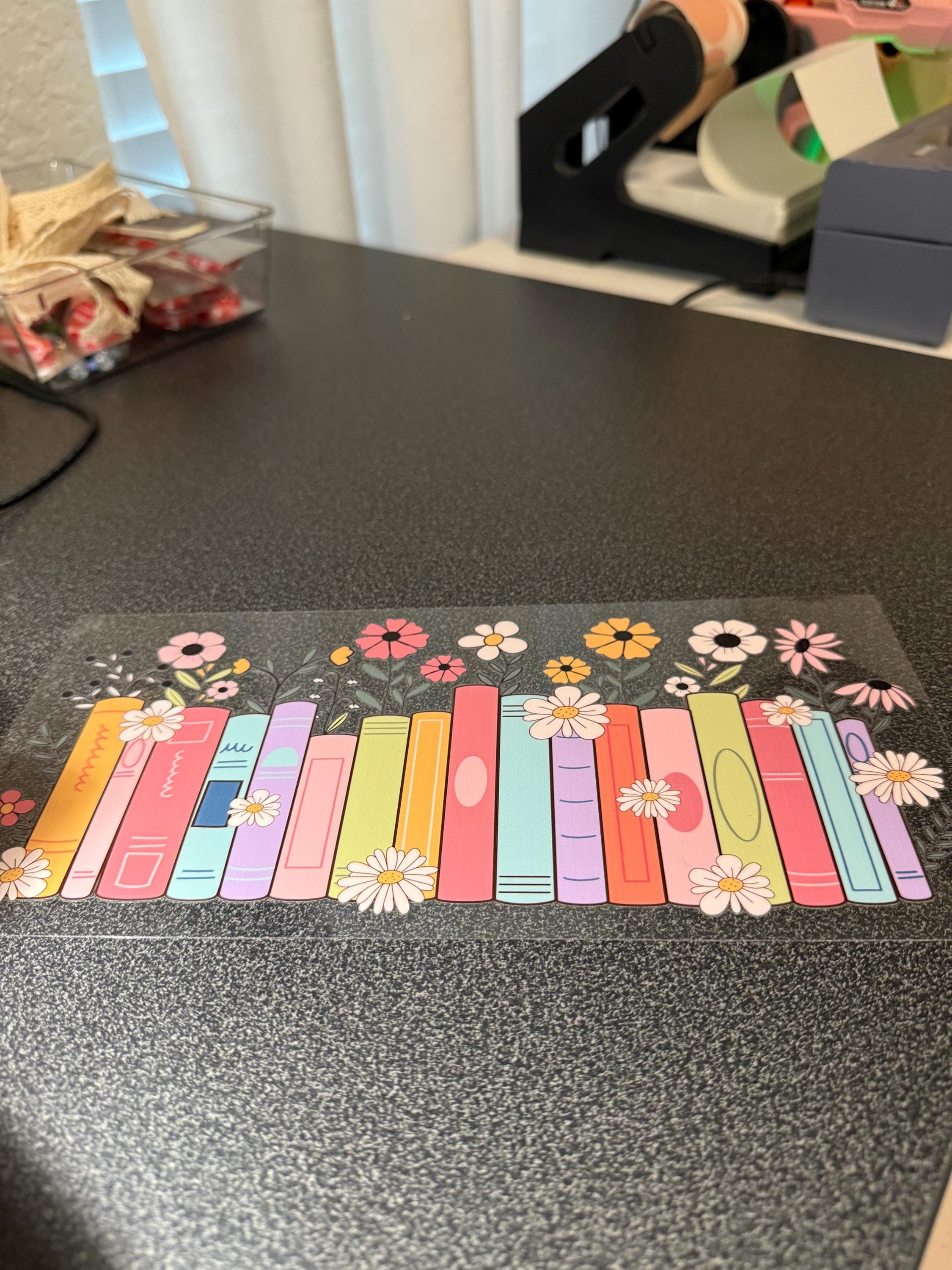 Book Stack Floral UVDTF Wrap – 16oz Glass Cup Wrap – Spring Book Lover Cup Decal – Daisy Tumbler Wrap – Aesthetic UVDTF Transfer