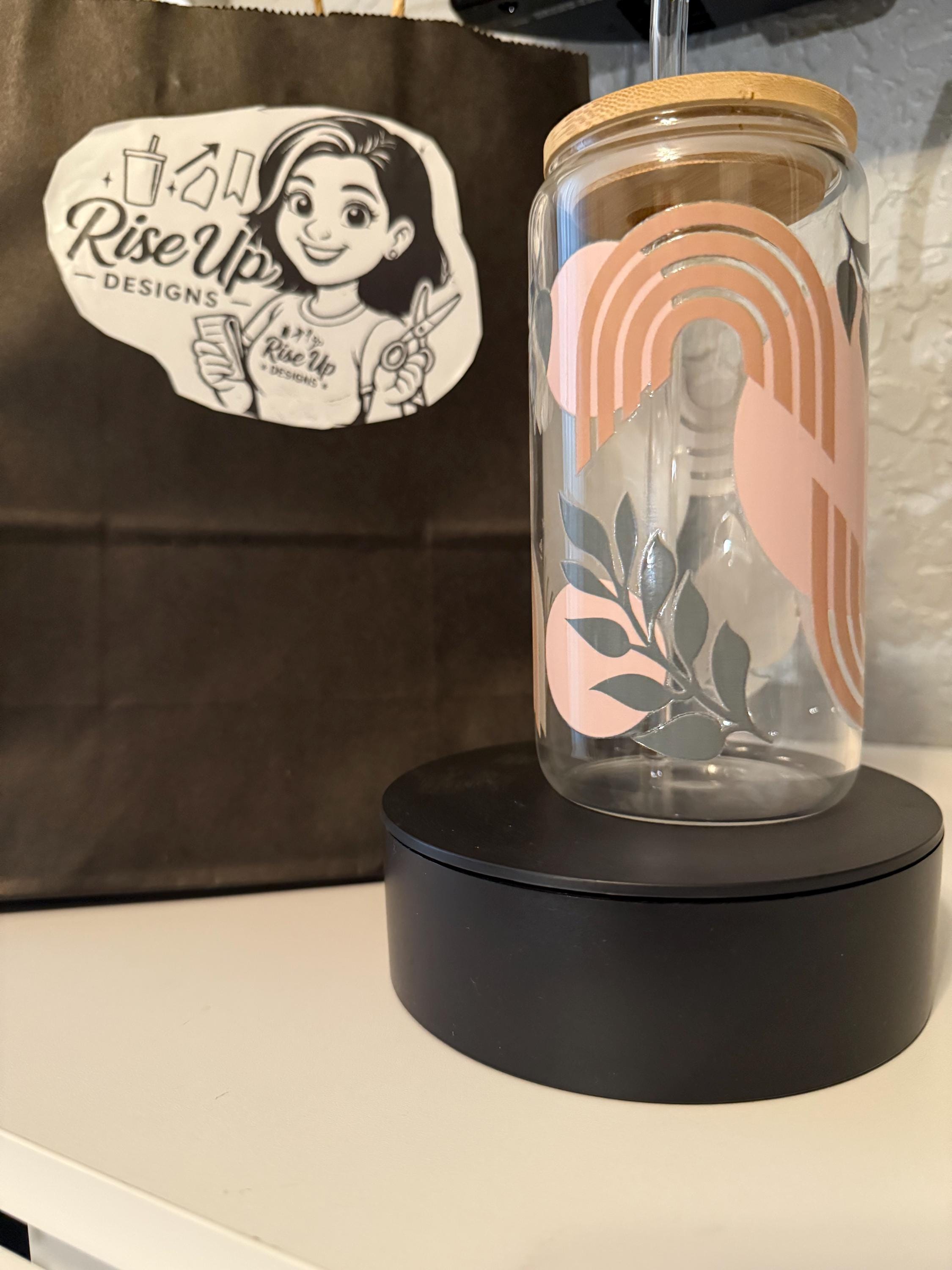 Boho Rainbow Glass Tumbler | 16 oz Iced Coffee Cup with Bamboo Lid and Straw | Minimalist Neutral Aesthetic | Leaf & Arch Design