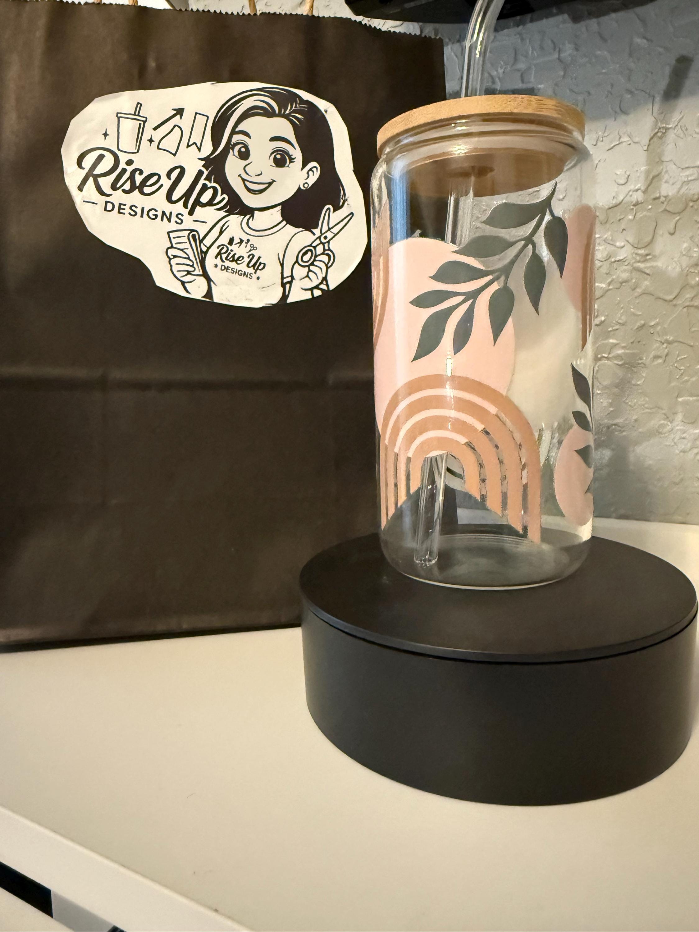 Boho Rainbow Glass Tumbler | 16 oz Iced Coffee Cup with Bamboo Lid and Straw | Minimalist Neutral Aesthetic | Leaf & Arch Design