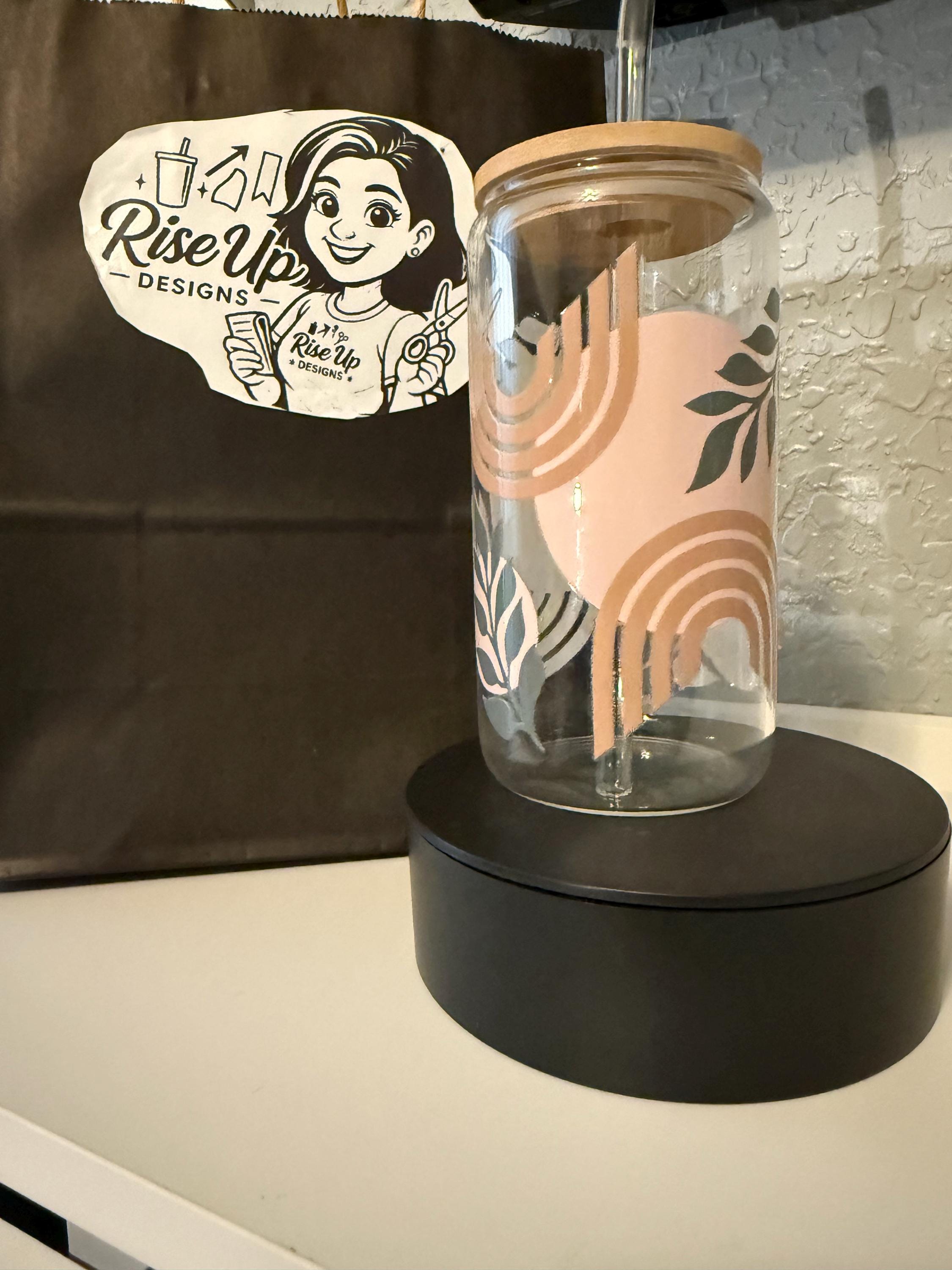 Boho Rainbow Glass Tumbler | 16 oz Iced Coffee Cup with Bamboo Lid and Straw | Minimalist Neutral Aesthetic | Leaf & Arch Design