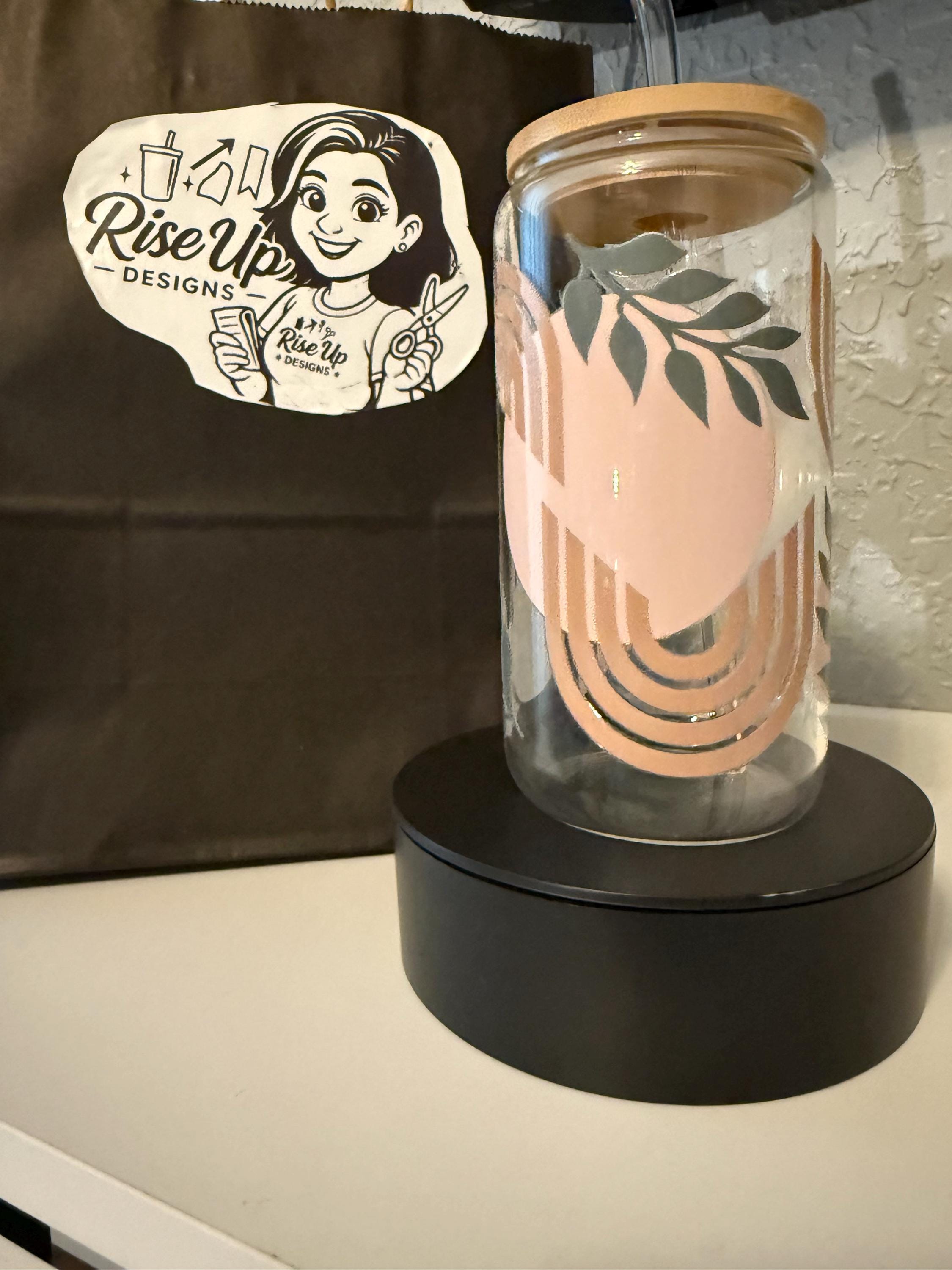 Boho Rainbow Glass Tumbler | 16 oz Iced Coffee Cup with Bamboo Lid and Straw | Minimalist Neutral Aesthetic | Leaf & Arch Design